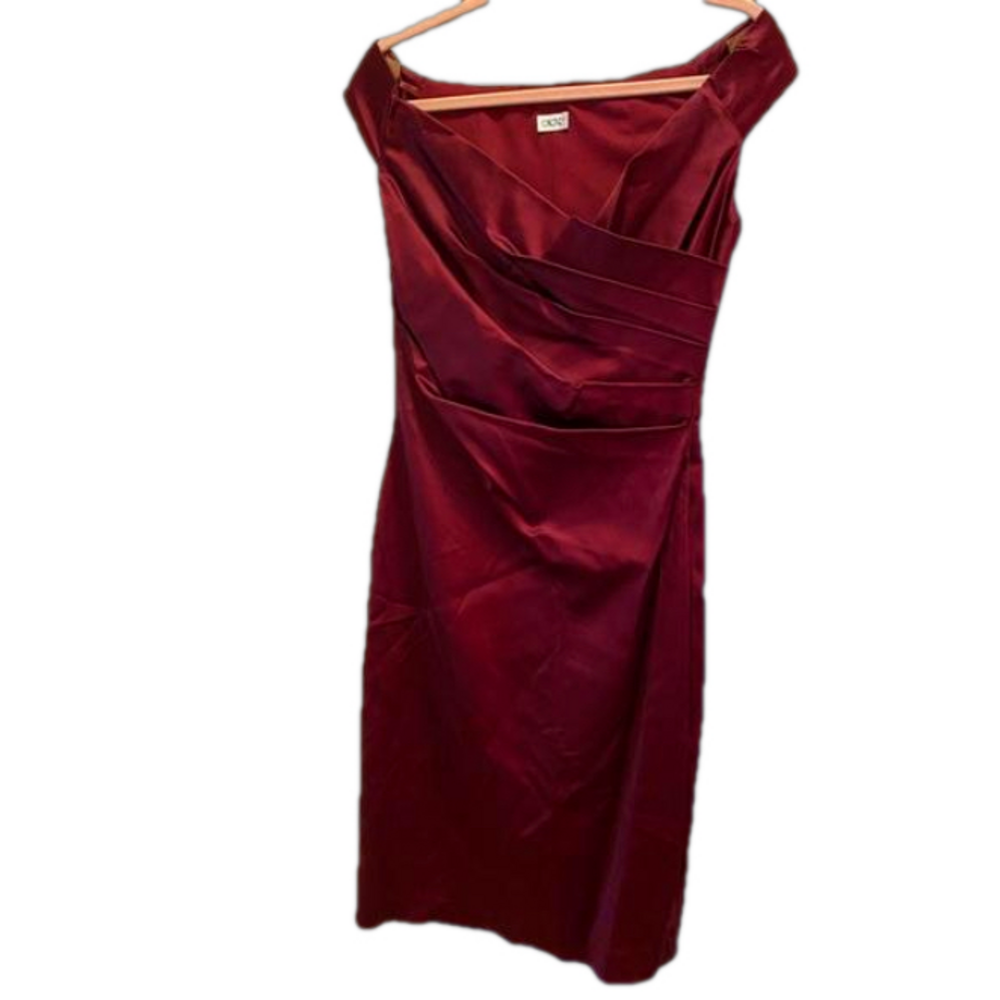 Cache Vintage Y2K Ruby Red Satin Draped Off Shoulder Dress size 6